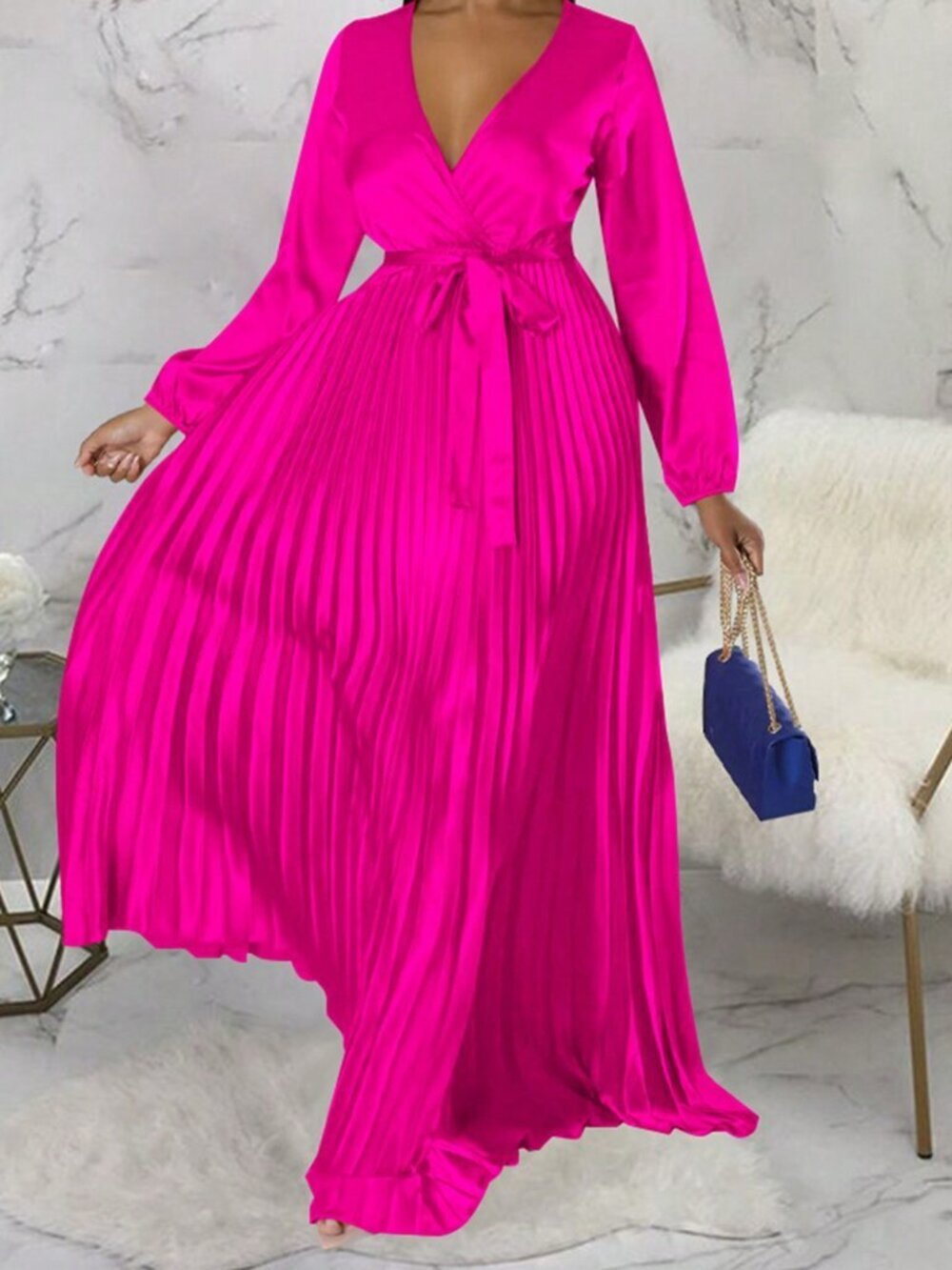 Hot Pink Elegant Women's Lantern Sleeve Pleated Midi Dress